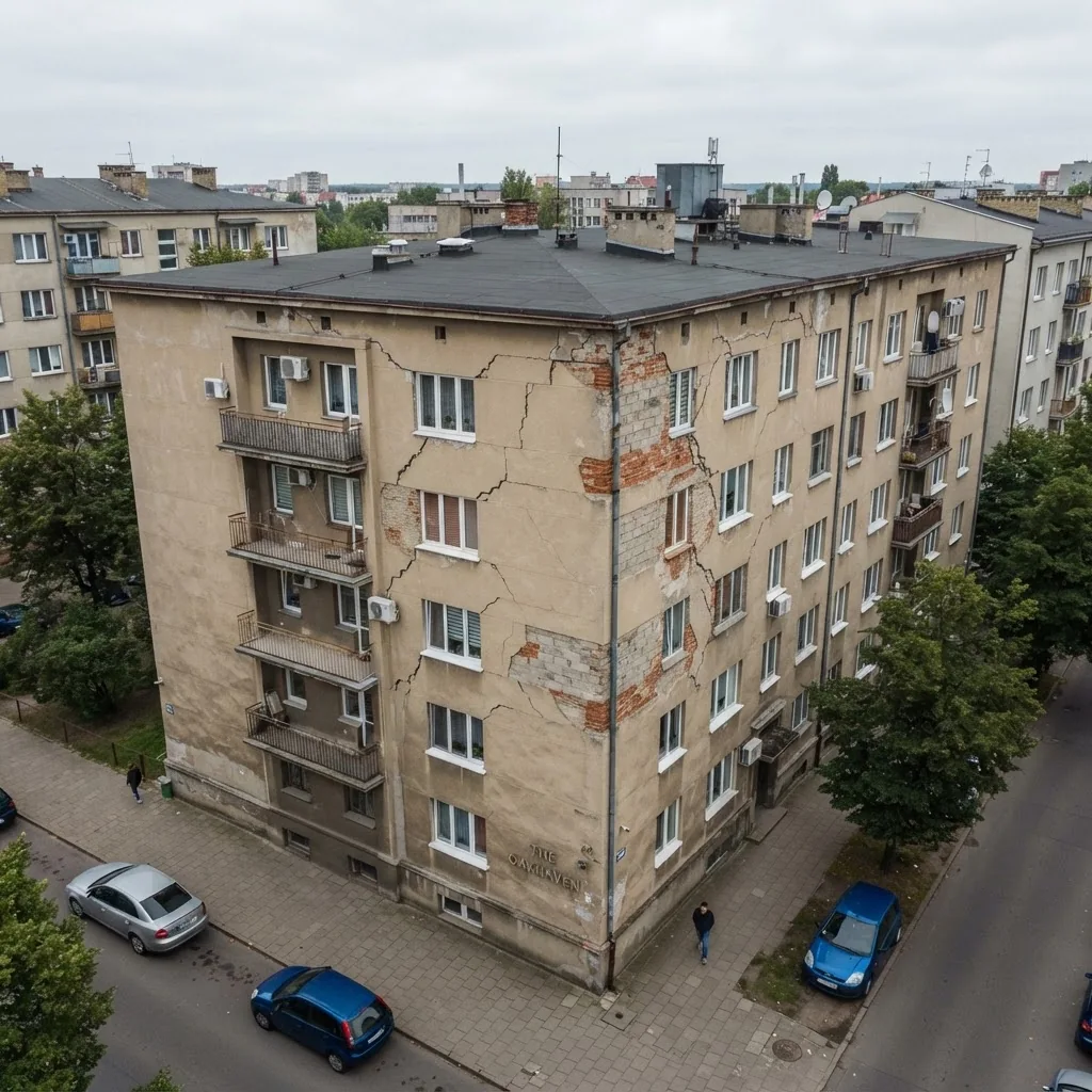 Documentación de fisuras en fachada de edificio residencial